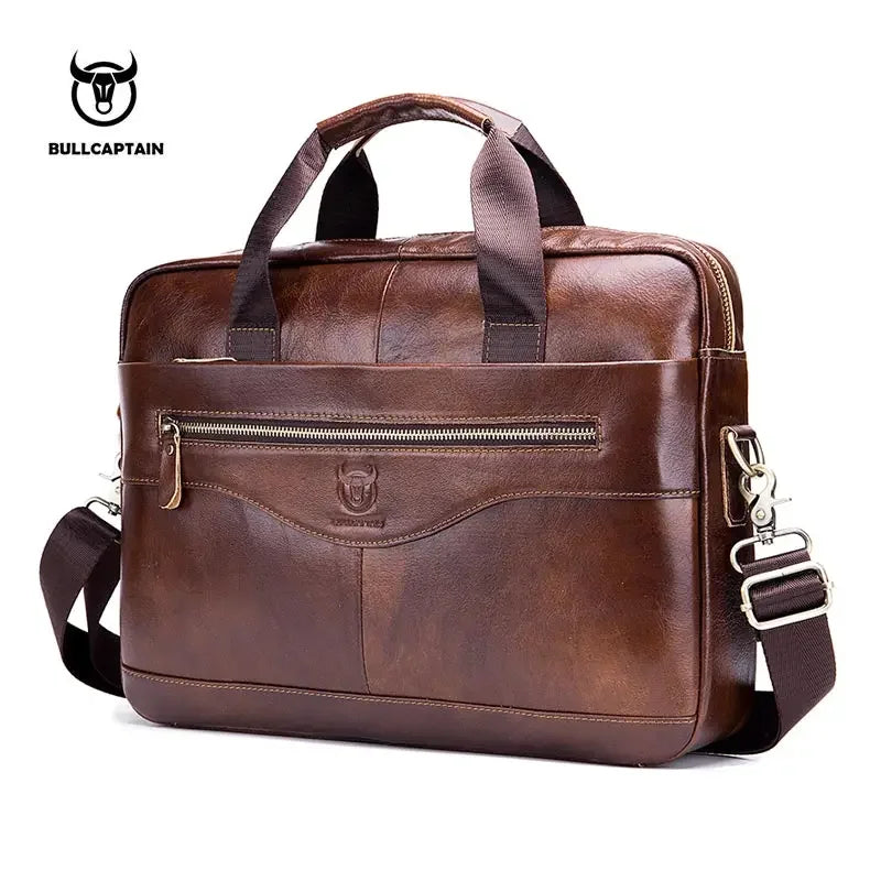 BULLCAPTAIN New Cowhide Men's Business Briefcase/Leather Retro Men's Messenger Bag/Large Capacity Leisure Business Bag/Handbag