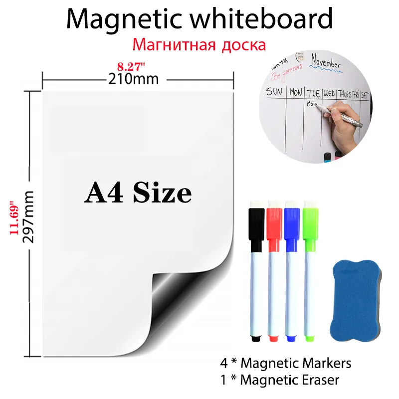 A4 Size Magnetic Whiteboard Pens Vinyl Fridge Dry Erase White Board Refrigerator Magnet Note Flexible Remind Message Boards