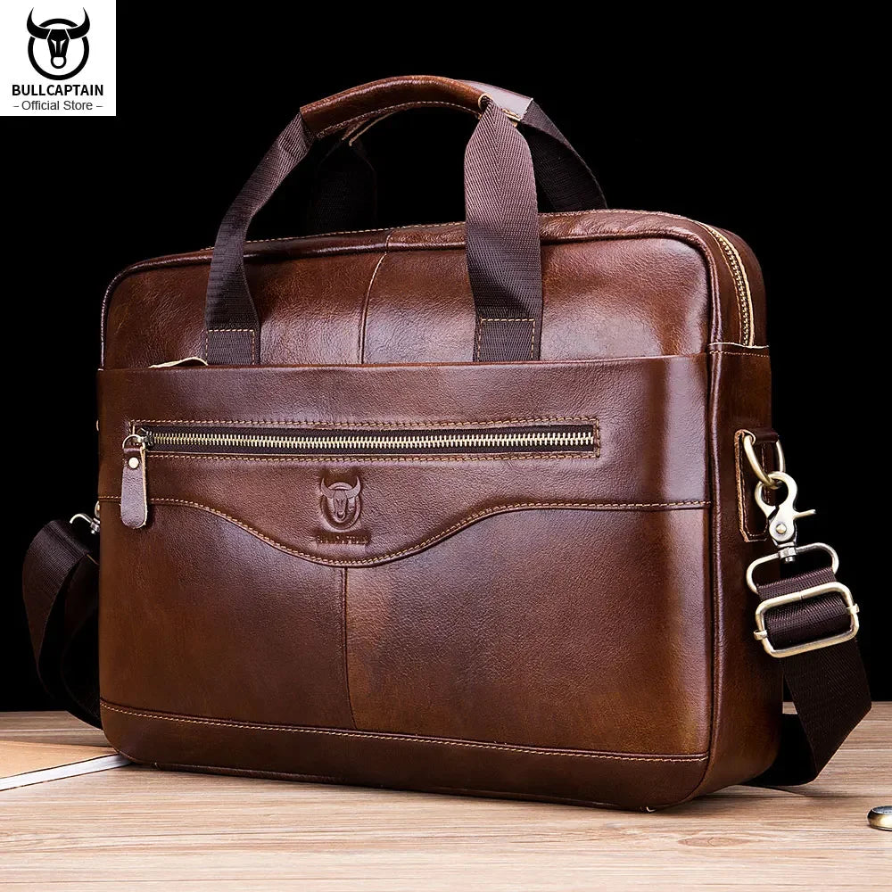 BULLCAPTAIN New Cowhide Men's Business Briefcase/Leather Retro Men's Messenger Bag/Large Capacity Leisure Business Bag/Handbag