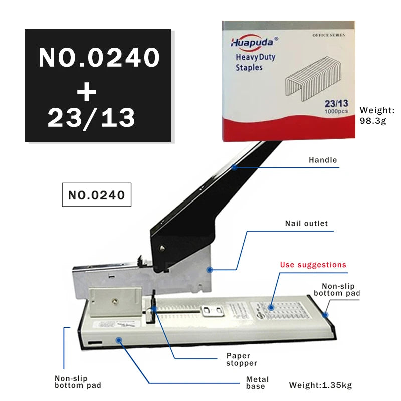 Huapuda Large Capacity Paper Binding Stapler Heavy Duty Stapler Bookbinding Stapling Staples Hand Operated Stapler 0100 & 0240