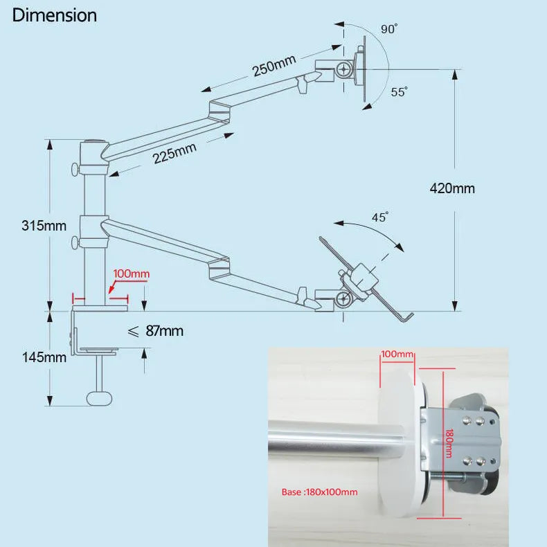 OL-3L Aluminum Multifunction 10"-17"Ergonomics Desk Laptop Stand 32" Monitor Desktop Holder Computer Full Motion With Column Bar