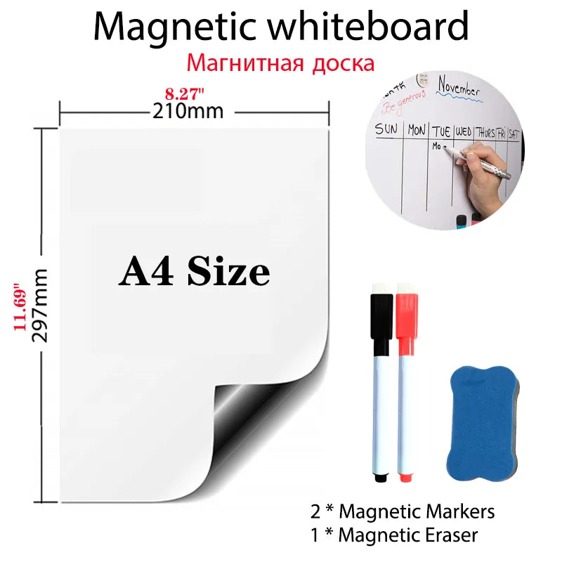 A4 Size Magnetic Whiteboard Pens Vinyl Fridge Dry Erase White Board Refrigerator Magnet Note Flexible Remind Message Boards