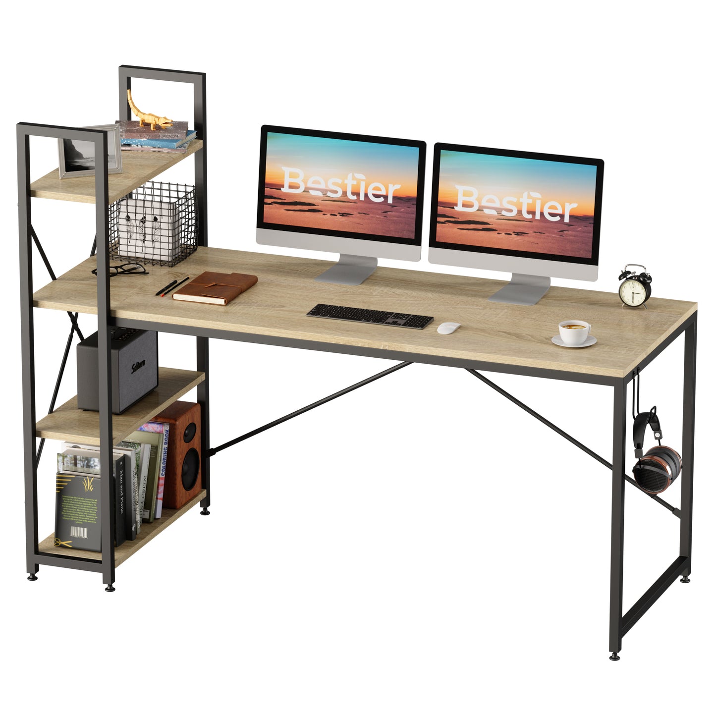 Bestier Home Office Wooden Large Size Dual Monitor Table Standing Computer Desks With Book Rack for Office