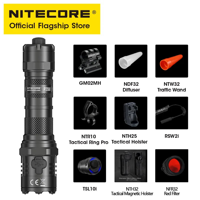 NITECORE P20iX USB-C Rechargeable Flashlights Super Bright Military Tactical Flashlight 4000 Lumens 5000mAh NL2150HPi Battery