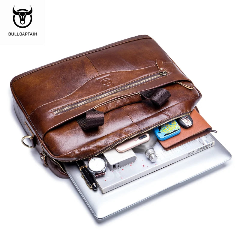 BULLCAPTAIN New Cowhide Men's Business Briefcase/Leather Retro Men's Messenger Bag/Large Capacity Leisure Business Bag/Handbag